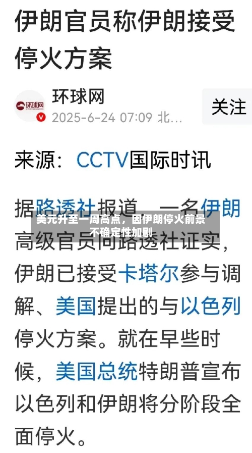 美元升至一周高点，因伊朗停火前景不确定性加剧-第1张图片
